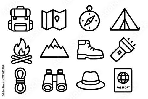 Essential camping gear icons for outdoor adventure enthusiasts in simple linear design