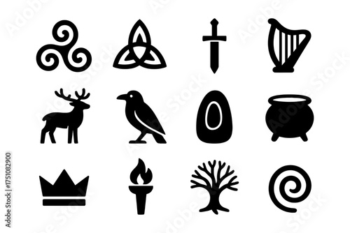 Celtic symbol silhouettes featuring animals, nature, and mythology icons
