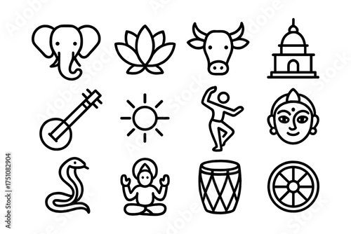 Indian cultural icons: traditional symbols in simple line art style