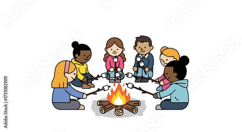 Diverse group of children roasting marshmallows around a campfire.