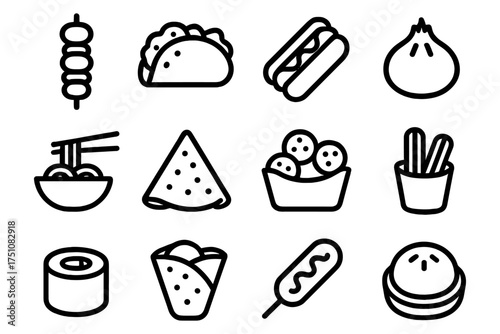 Linear icons of popular street food from around the world