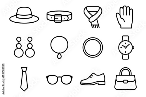 Minimalist fashion accessories icons set: hat, scarf, jewelry, watch, handbag