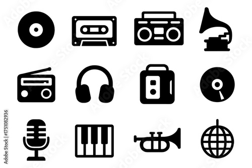 Retro audio icons: music devices and instruments in black silhouette set