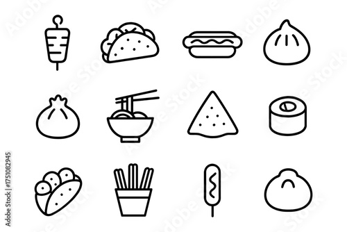 Street food icons set featuring tacos, dumplings, sushi, and more in simple outline style