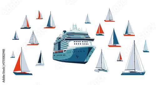 Cruise ship surrounded by many sailboats vector illustration.
