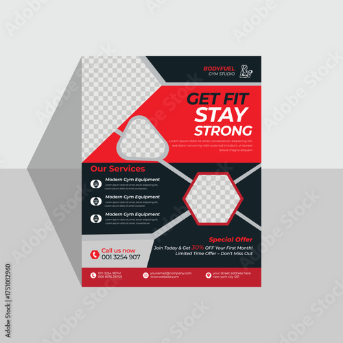 Gym flyer design. Fitness workout promotional leaflet, brochure cover, ads, banner template design
