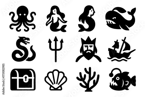 Marine silhouettes collection: sea creatures, mythical figures, and nautical symbols