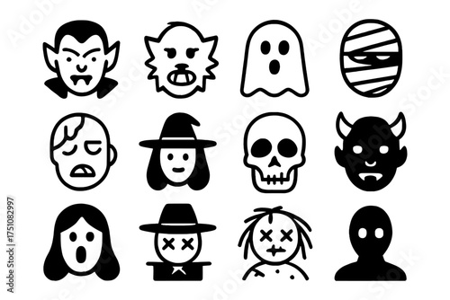 Flat halloween mask icons featuring vampire, witch, ghost, mummy, zombie, and more scary characters
