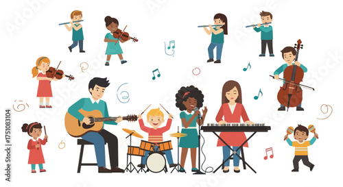 Diverse Group of Children Playing Musical Instruments Together in Harmony and Enjoyment.