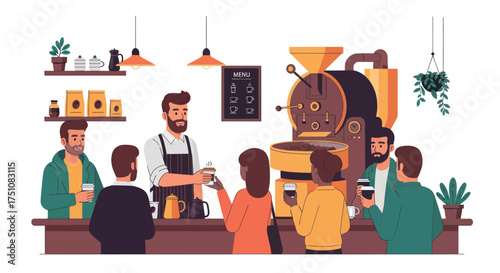 Busy Coffee Shop Scene with Barista Serving Customers and Roasting Machine.