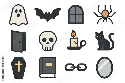 Spooky halloween icons collection featuring ghosts, bat, spider, and more in flat style