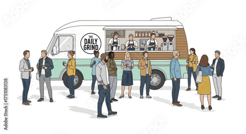 Illustration of a Daily Grind Coffee Food Truck with Customers.