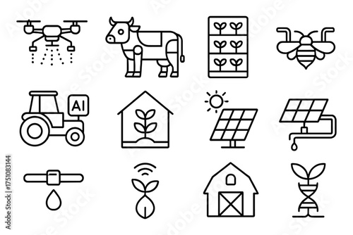 Farming technology icons set: ai farming, solar energy, smart agriculture