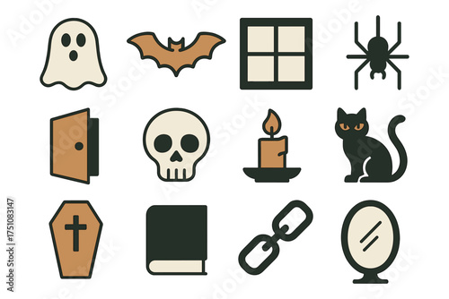Halloween icons: ghost, bat, spider, and more in flat style