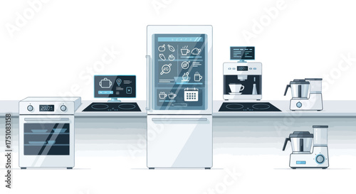 Smart Home Appliances: Connected Oven Refrigerator Laptop Coffee Maker and Food Processor.