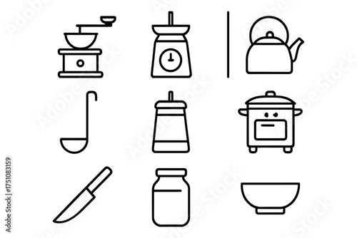 Minimalist line art icons of kitchen appliances for cooking enthusiasts
