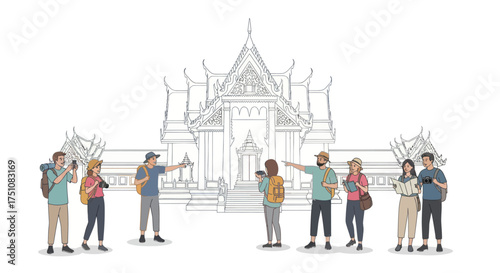 Diverse group of tourists exploring a grand architectural landmark with a guide.