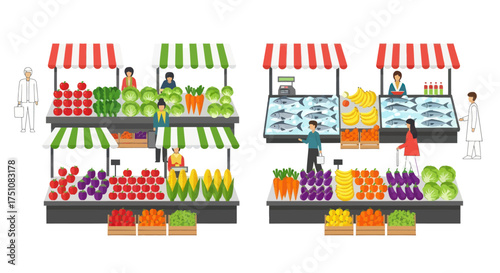 A collection of farmers market stalls with vendors selling fresh vegetables fruit and fish.