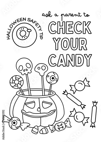 Halloween Candy Safety: A Halloween-themed illustration with a jack-o'-lantern filled with candy, alongside a call to action: Ask a parent to CHECK YOUR CANDY, emphasizing child safety