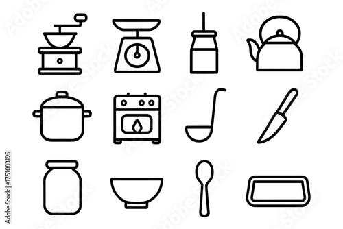 Minimalist kitchenware icons set featuring common cooking tools in bold outline style