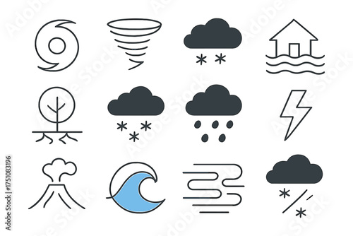 Weather disaster icons: linear style for climate warning and hazard awareness