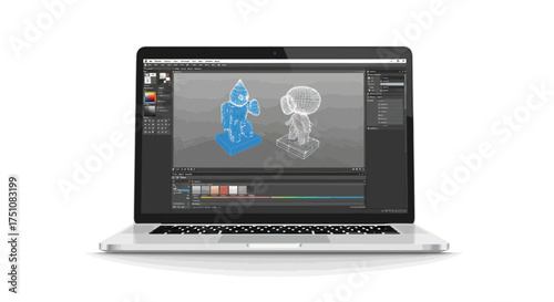 Laptop displaying 3D modeling software with blue character model.