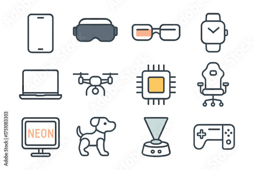 Trendy technology icons set featuring devices and gadgets in modern line art style