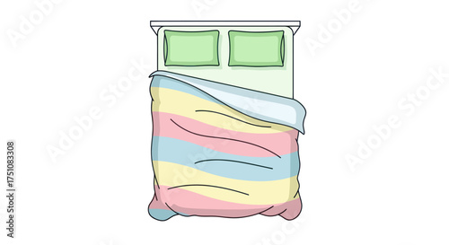 Top-down view of a cozy bed with colorful striped duvet and green pillows.