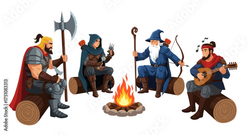 Fantasy Characters Gathered Around a Campfire Sharing Stories.