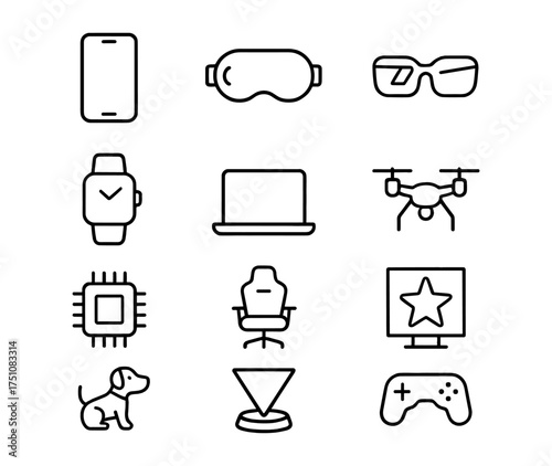 Technology and leisure icons: devices, gadgets, and activities in line art