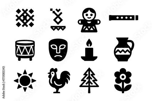 Traditional cultural icons with black silhouette design