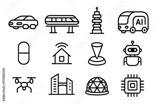 Futuristic technology icons: ai, robotics, drones, and smart tech in linear design