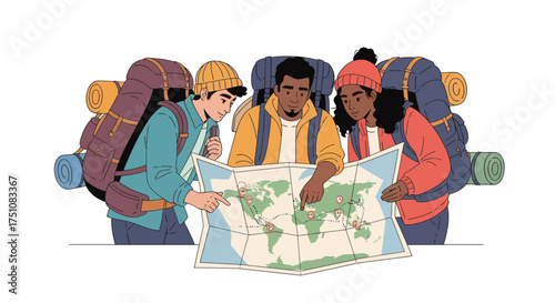 Group of Backpackers Studying a World Map for Travel Planning.