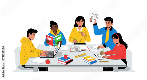 Diverse Students Collaborating and Studying Together at a Table.