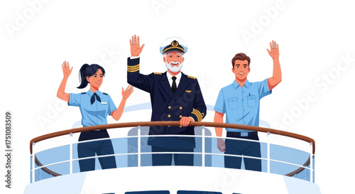 Ship Captain and Crew Waving from Cruise Ship Deck.