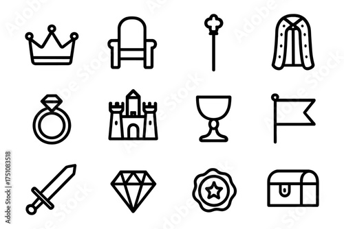 Medieval icons set: crown, castle, sword, and more in linear style