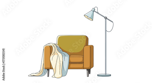 Cozy Armchair with Blanket and Floor Lamp Illustration.