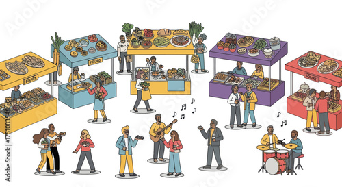 Vibrant Outdoor Market with Diverse People Food Stalls and Live Music.