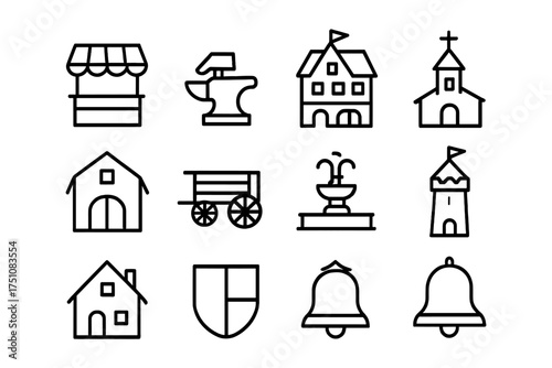 Traditional village icons set featuring buildings and symbols in simple linear style