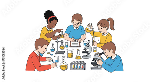 Diverse Children Learning Science with Lab Equipment Conducting Experiments.