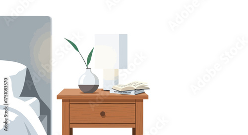 Illustrated wooden bedside table with a lamp a vase with a single leaf and papers.