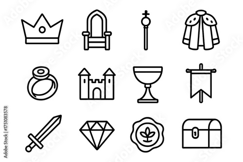 Medieval line icons: crown, throne, sword, and more