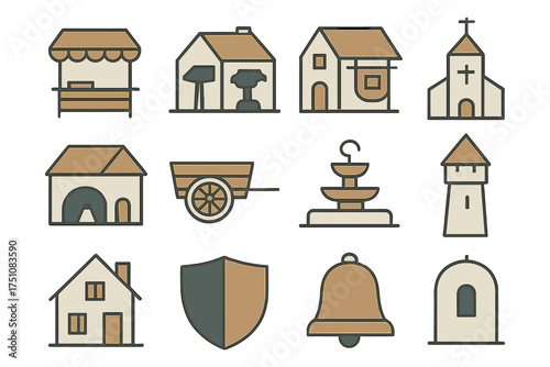 Medieval village elements in flat style: historic buildings and icons