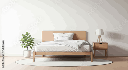 Minimalist Bedroom with Wooden Bed and Nightstand.