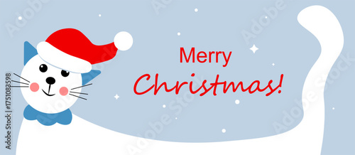 Christmas banner with a white cat in a red hat. Greeting Card