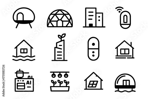 Smart home and eco-friendly living icons in minimalist linear style