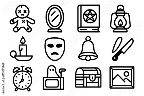 Halloween icons: spooky objects in bold linear style