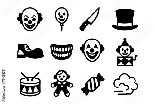 Creepy clown elements set: icons of horror and circus chaos