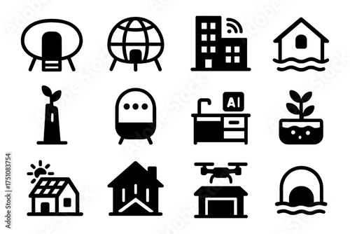 Futuristic home icons: smart buildings, eco-friendly design, modern living technology