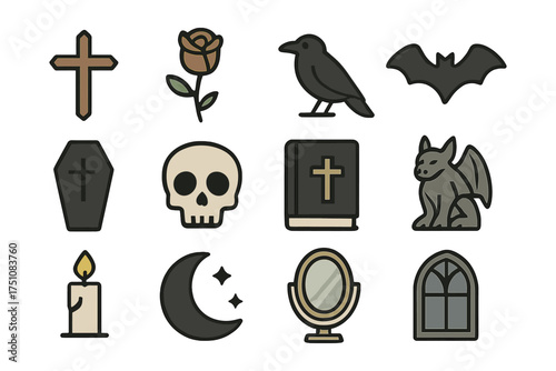 Gothic icons collection featuring creepy symbols in minimalist style